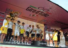 Team HTC-HighRoad celebrates their team time trial win and overall race lead on the podium in Torino. Photo Fotoreporter Sirotti. Team HTC-HighRoad celebrates their team time trial win and overall race lead on the podium in Torino. Photo Fotoreporter Sirotti.