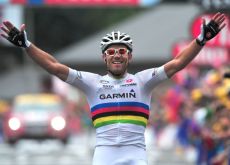 Team Garmin-CervÃ©lo's World Champion Thor Hushovd climbs to impressive stage victory in stage 13 of 2011 Tour de France. Photo Fotoreporter Sirotti.