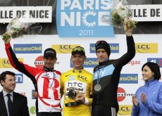 Tony Martin, Andreas KlÃ¶den and Bradley Wiggins on the podium in Nice. Photo Fotoreporter Sirotti.