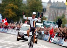 Germany's Tony Martin celebrates his victory in the elite men's time trial of the 2011 UCI road world championships. Photo Fotoreporter Sirotti.