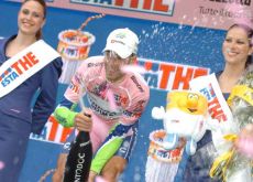 Nibali celebrates his Giro d'Italia lead on the podium in Italy. Photo copyright Fotoreporter Sirotti.