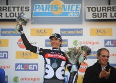 Xavier Tondo on the podium after winning stage 6 of the 2010 Paris-Nice. Photo copyright Fotoreporter Sirotti.