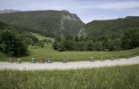 Cyclists passing French mountains