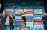 Stage winner Primoz Roglic is celebrated on the Tirreno-Adriatico podium
