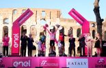 Tadej Pogacar Daniel Martinez and Geraint Thomas with children on Giro d'Italia podium